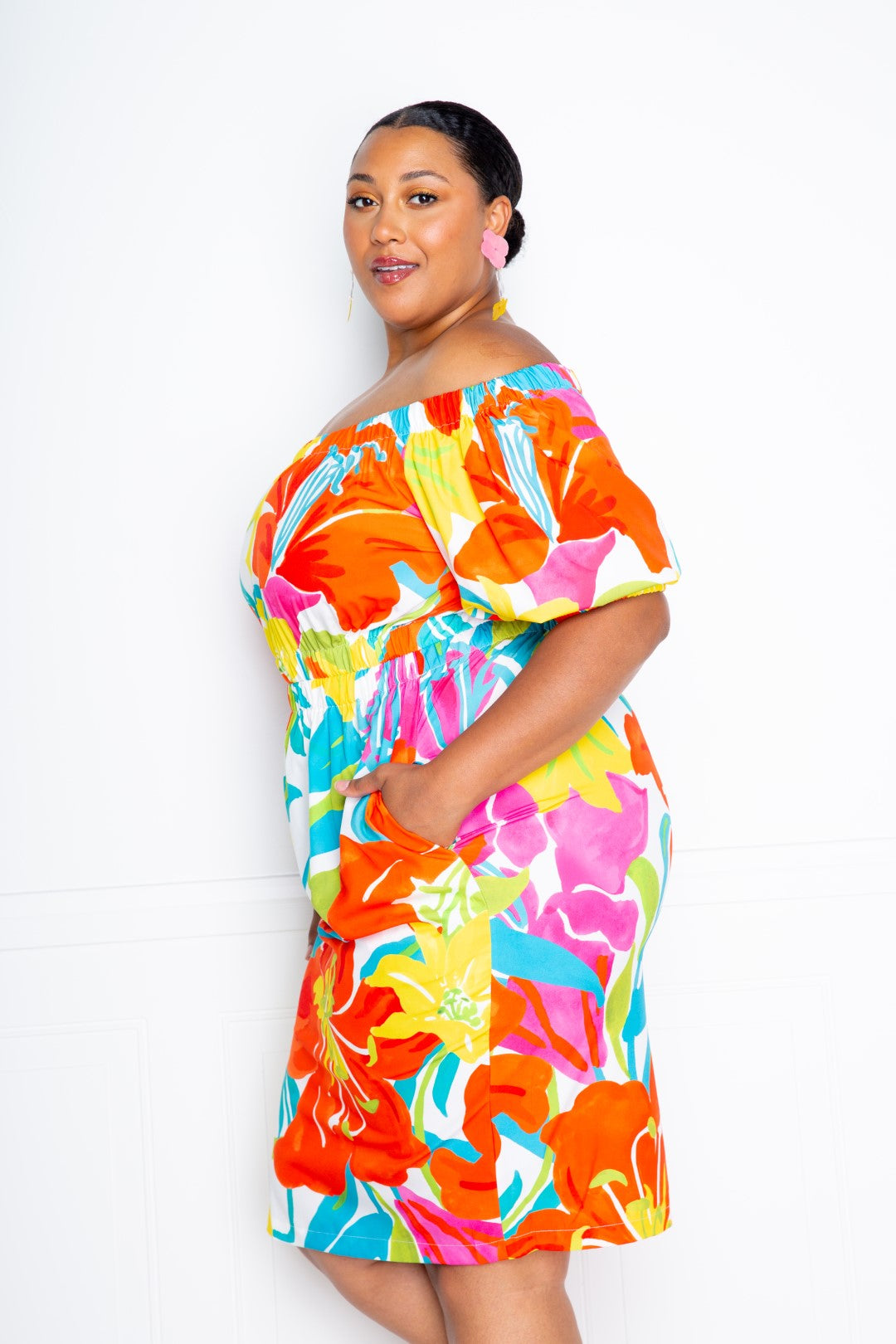 Blooming Floral Print Off The Shoulder Plus Size Dress