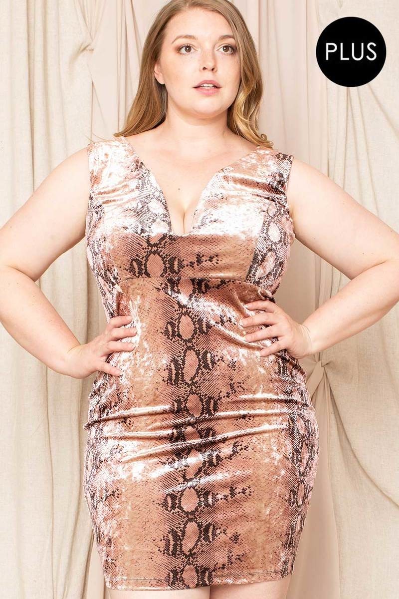 Plus Size Velour Snake Print Sleeves Mini Dress