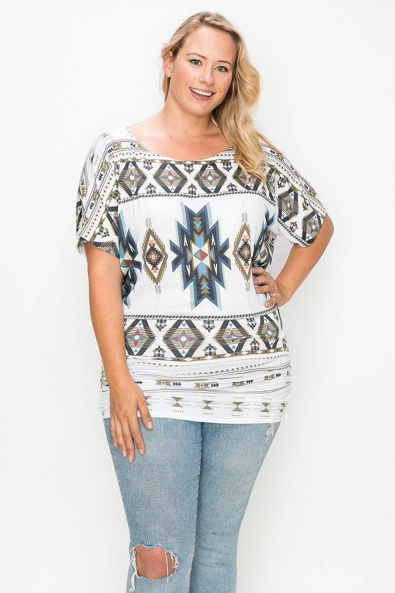 Geometric Aztec Patterned Sublimation Print Short Sleeved Casual Top