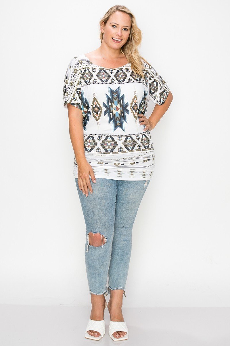 Geometric Aztec Patterned Sublimation Print Short Sleeved Casual Top