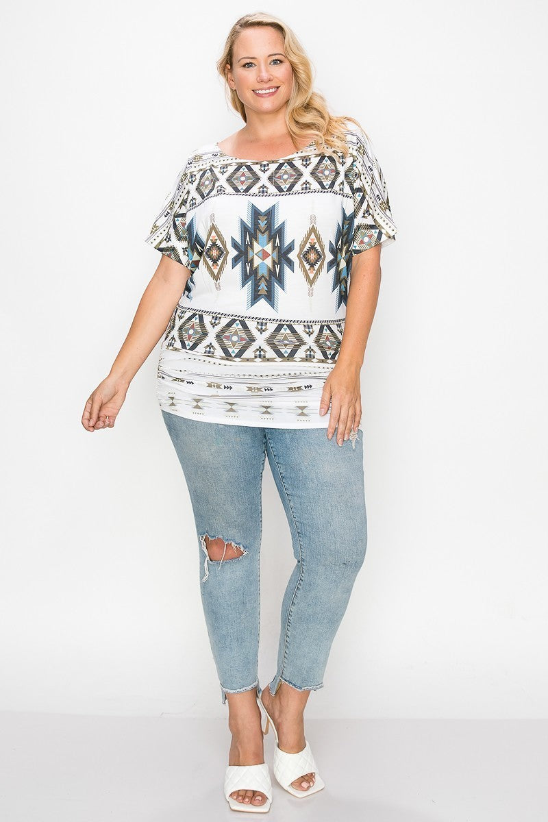 Geometric Aztec Patterned Sublimation Print Short Sleeved Casual Top