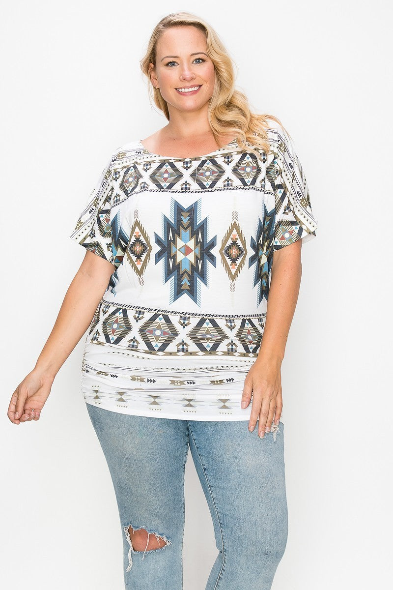 Geometric Aztec Patterned Sublimation Print Short Sleeved Casual Top