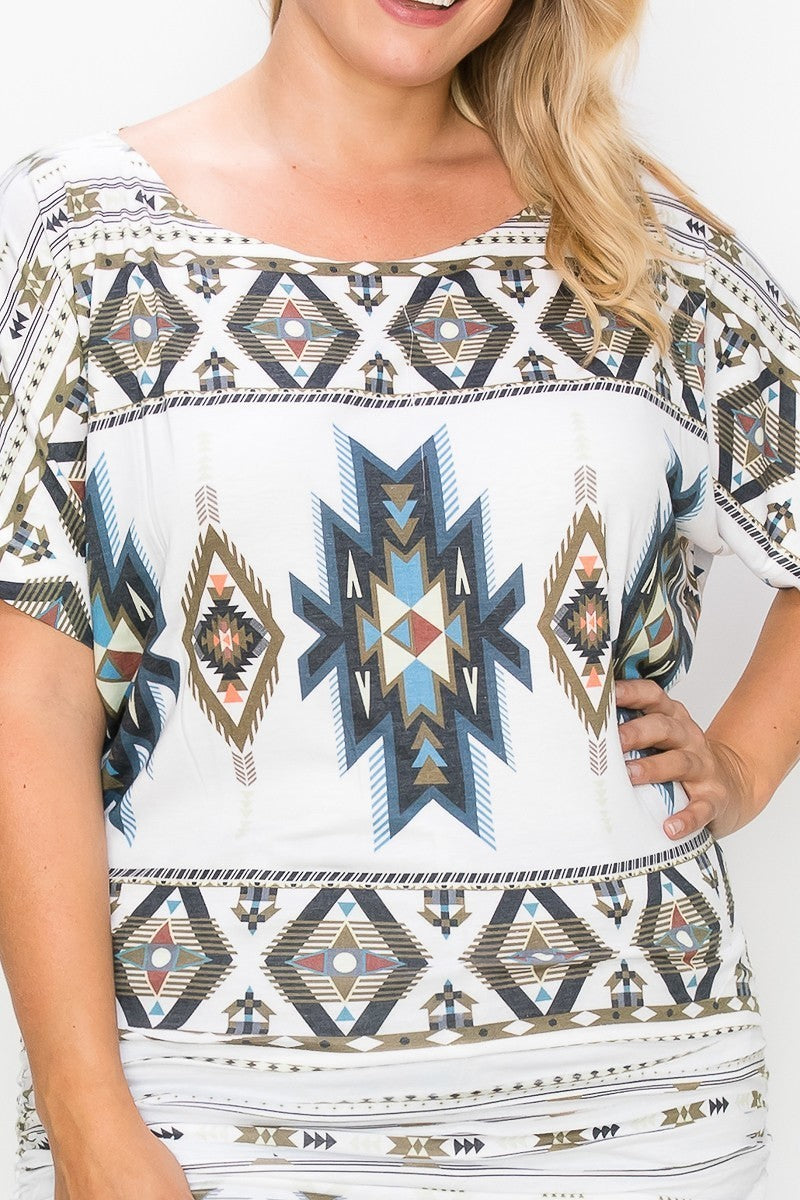 Geometric Aztec Patterned Sublimation Print Short Sleeved Casual Top