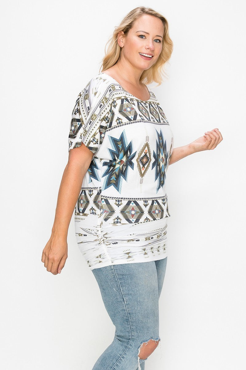 Geometric Aztec Patterned Sublimation Print Short Sleeved Casual Top