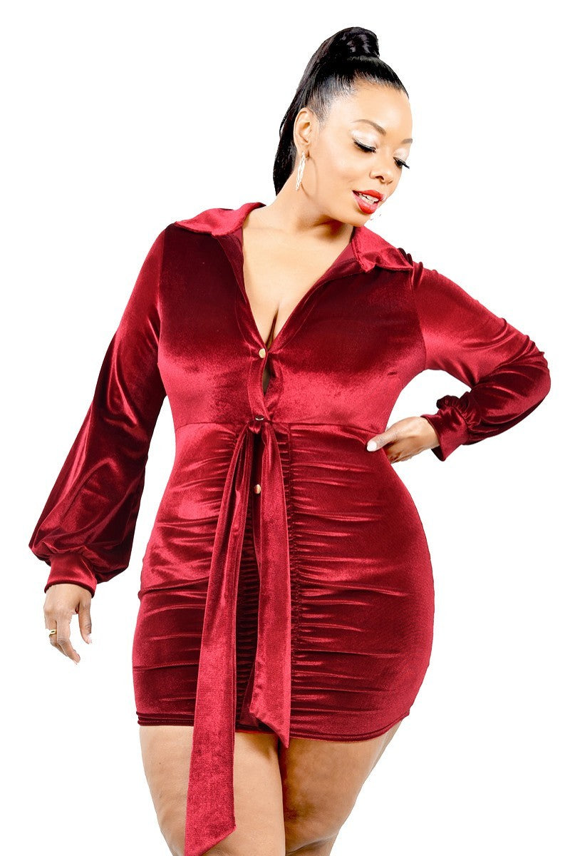 Plus Size Crushed Velvet Crush Bishop Sleeve Mini Dress