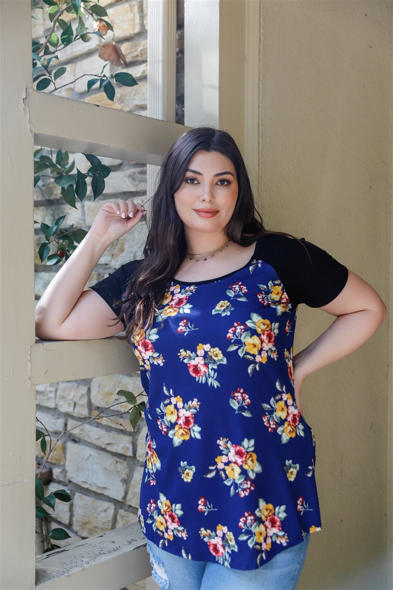 Plus Navy Short Sleeved Floral Print & Ribbed Black Colorblock Top