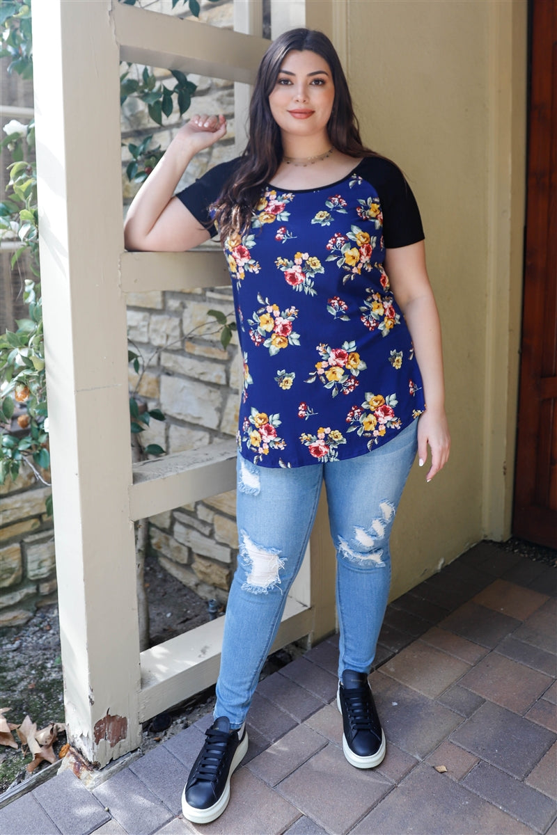 Plus Navy Short Sleeved Floral Print & Ribbed Black Colorblock Top