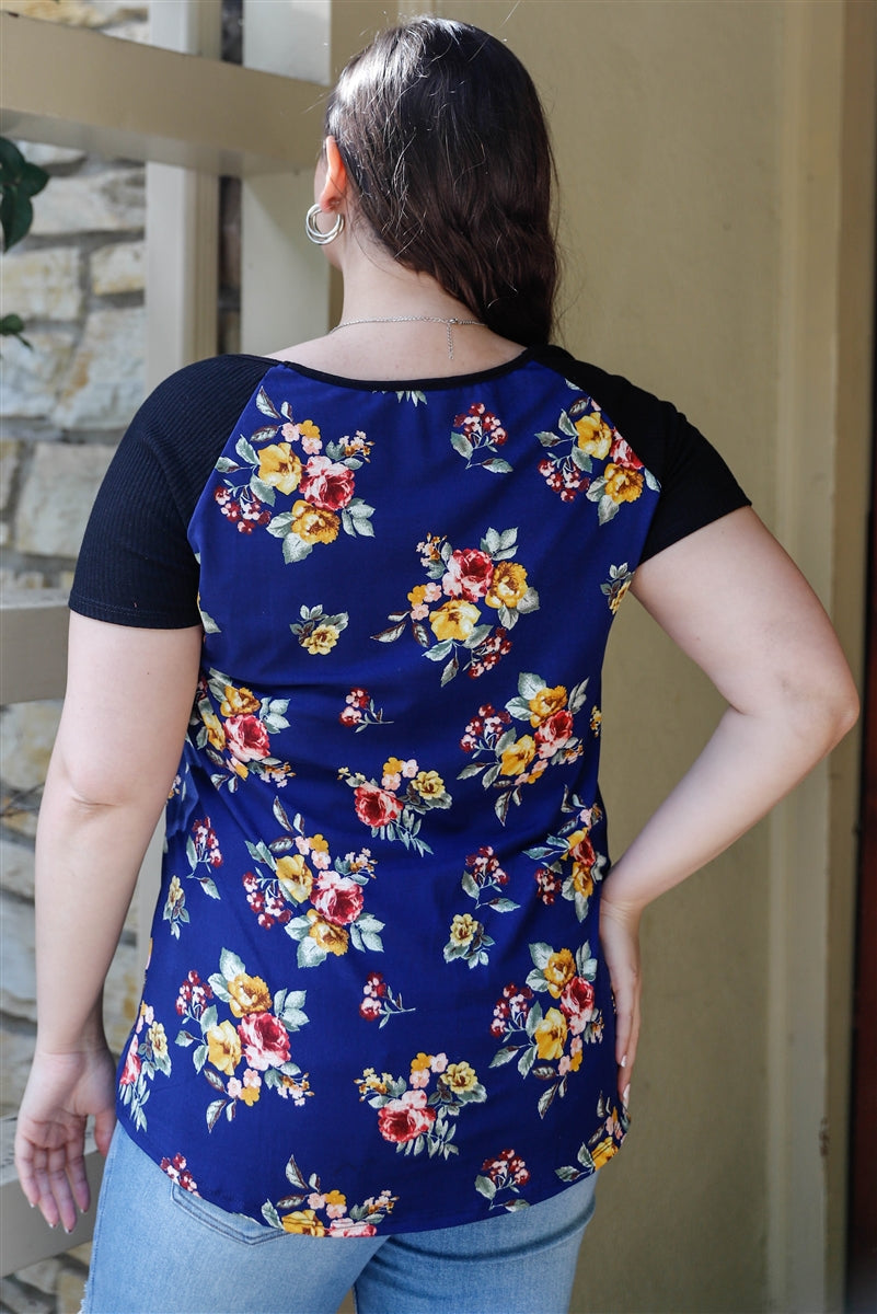 Plus Navy Short Sleeved Floral Print & Ribbed Black Colorblock Top