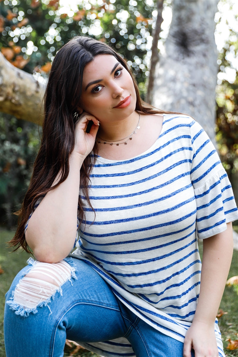 Plus Size Horizontal Stripe Bell Short Sleeve Top