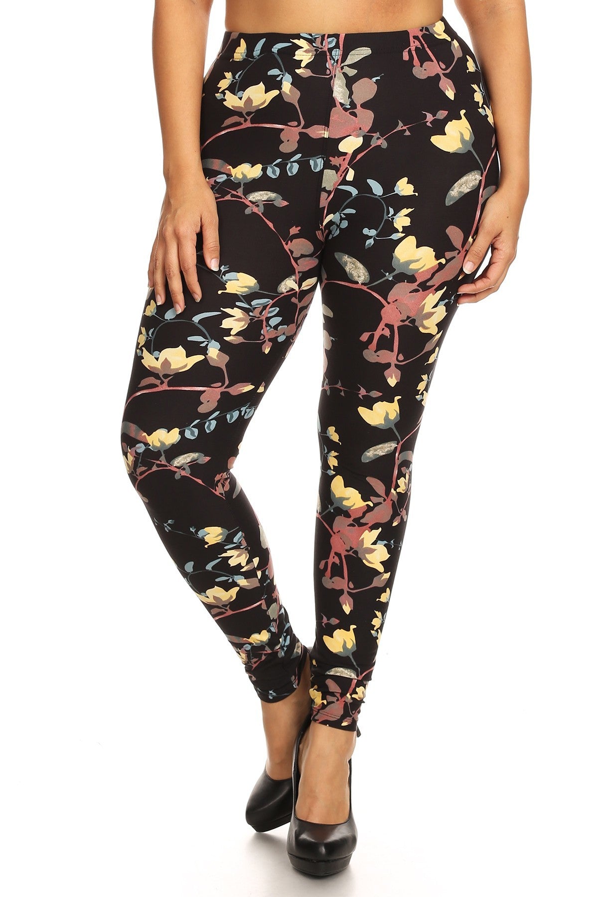 Plus Size All Over Floral Print, Full Length Leggings In A Slim Fitting Style With A Banded High Waist