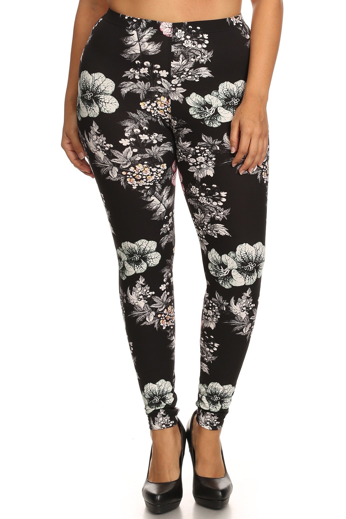 Plus Size Large Floral Bunches Graphic Printed Jersey Knit Legging With Elastic Waistband Detail