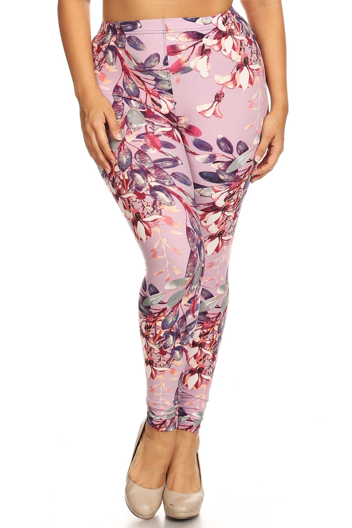 Plus Size Rosy Pink Floral Print, Full Length Leggings In A Slim Fitting Style With A Banded High Waist