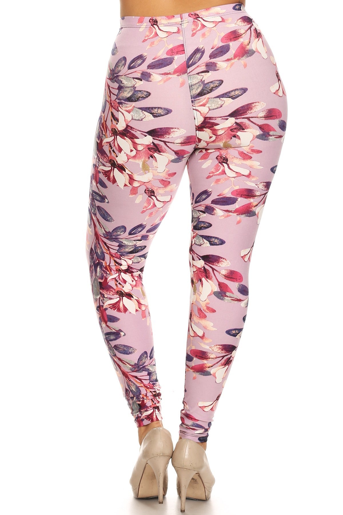 Plus Size Rosy Pink Floral Print, Full Length Leggings In A Slim Fitting Style With A Banded High Waist