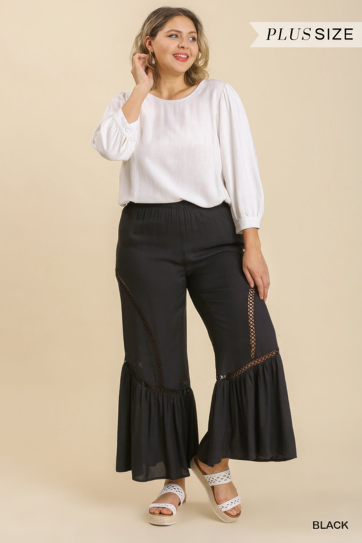 Wide Leg Elastic Waist Lace Tapered Bell Bottom Flared Pants