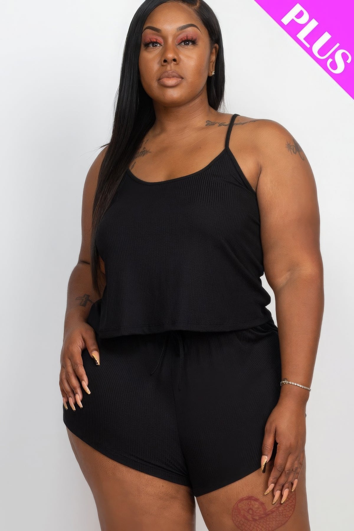 Plus Size Ribbed Strappy Top And Shorts Set In Black