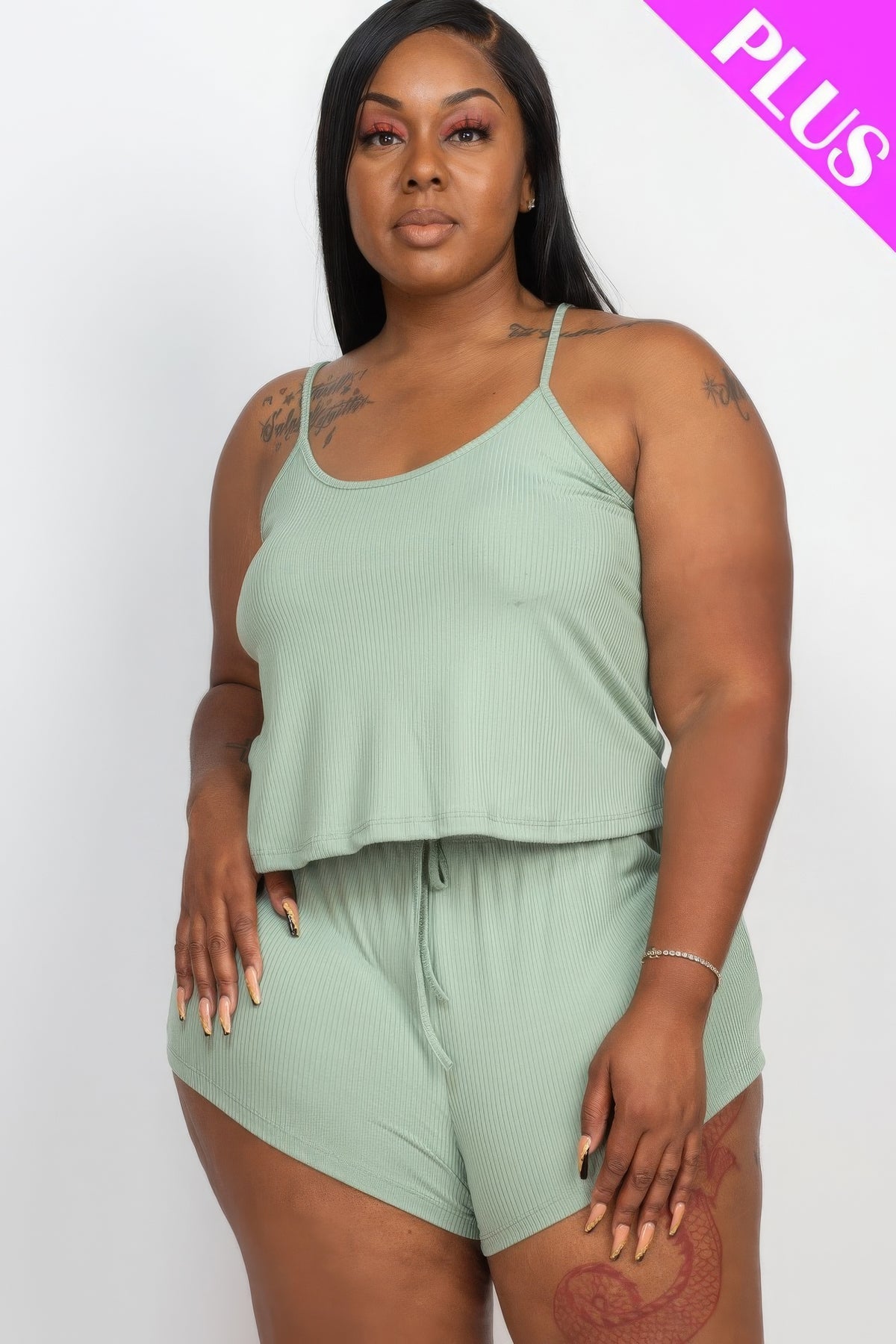 Plus Size Ribbed Strappy Top And Shorts Set In Sage Green