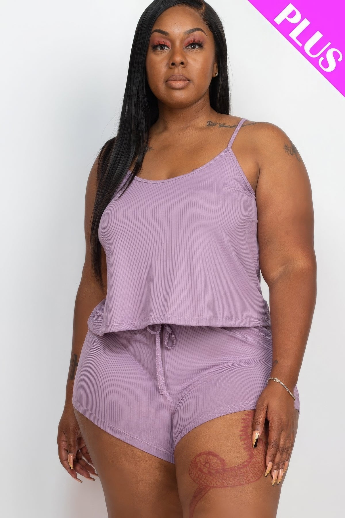 Plus Size Ribbed Strappy Top And Shorts Set In Lavender