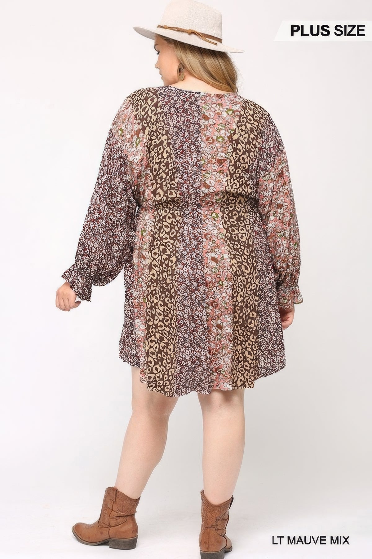 Plus Size Patchwork Mixed Print Dolman Sleeve Dress With Side Pockets