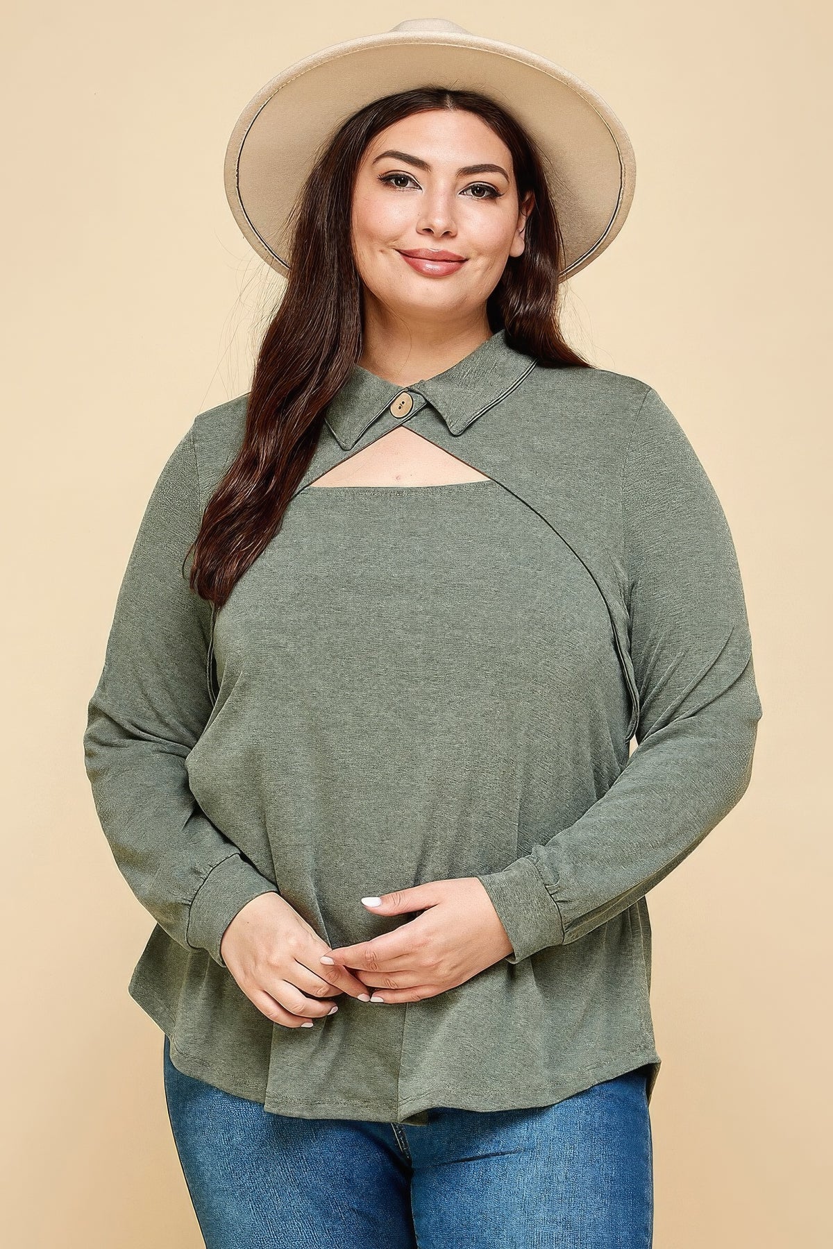 Plus Size Solid Long Sleeve Mock Neck Collar Keyhole Fashion Top