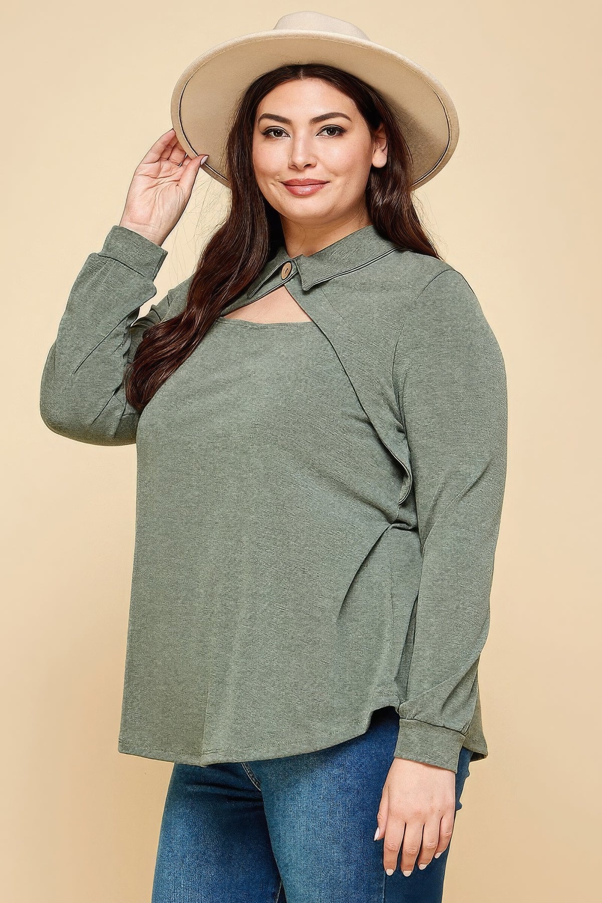 Plus Size Solid Long Sleeve Mock Neck Collar Keyhole Fashion Top