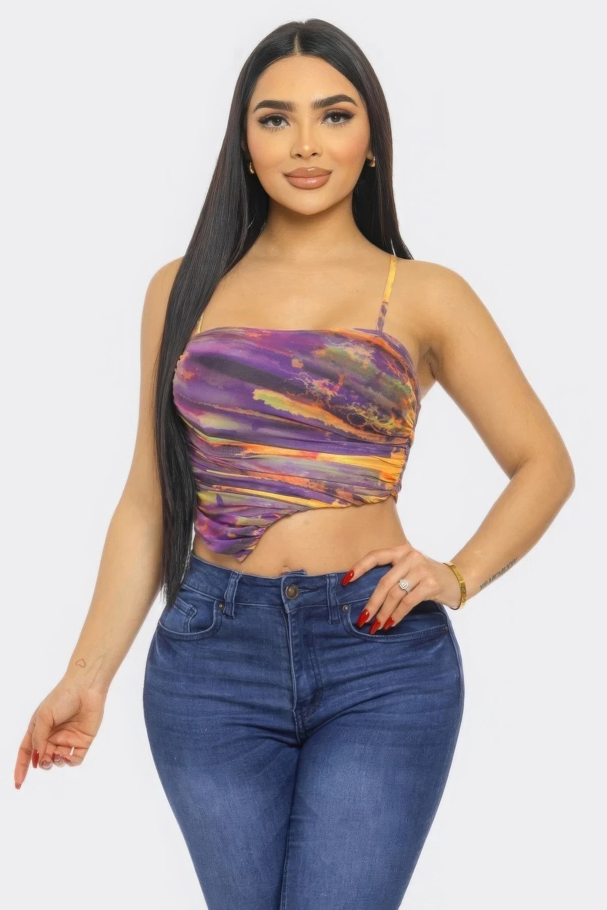 Purple Irregular Hem Mesh Print Crop Top