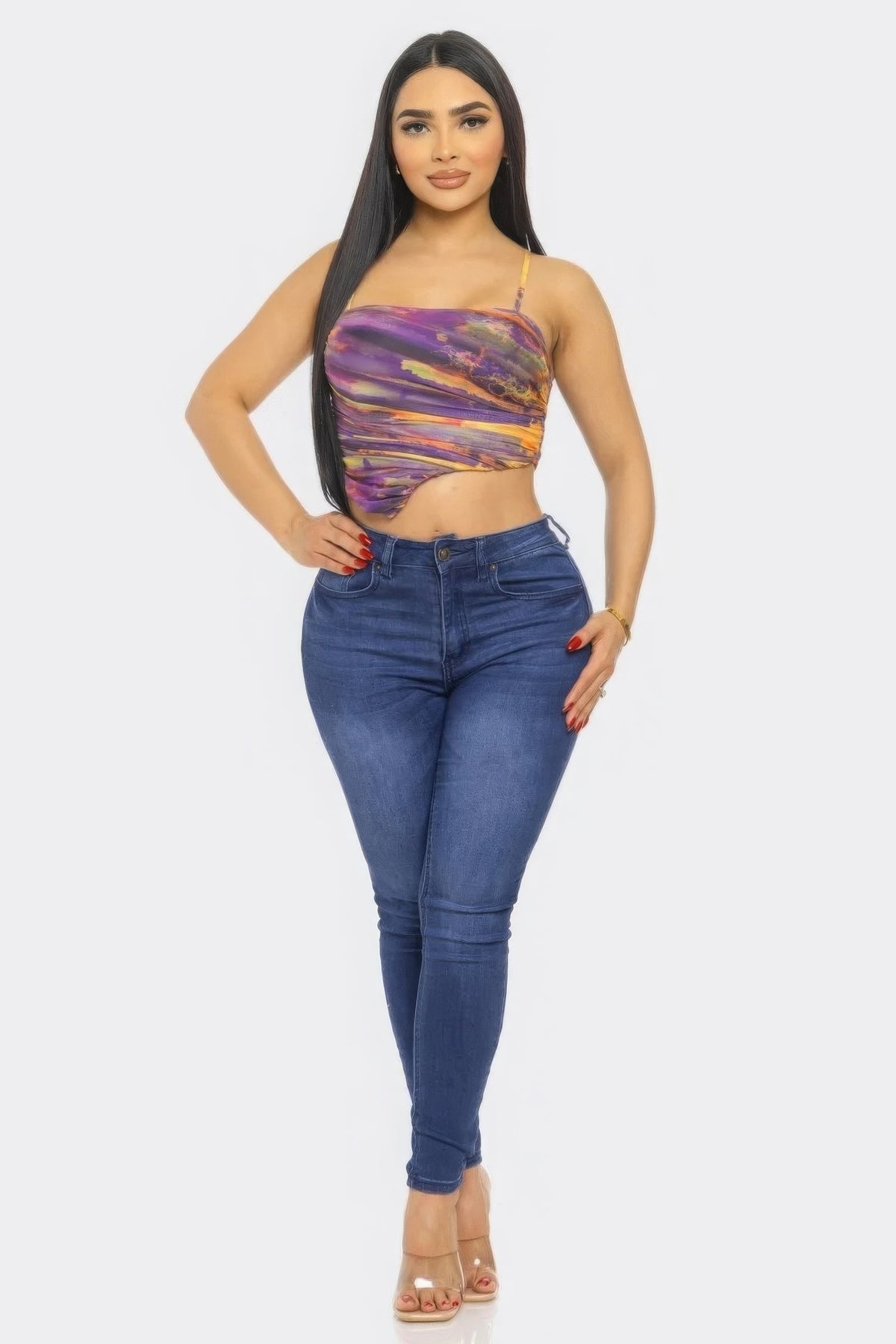 Purple Irregular Hem Mesh Print Crop Top