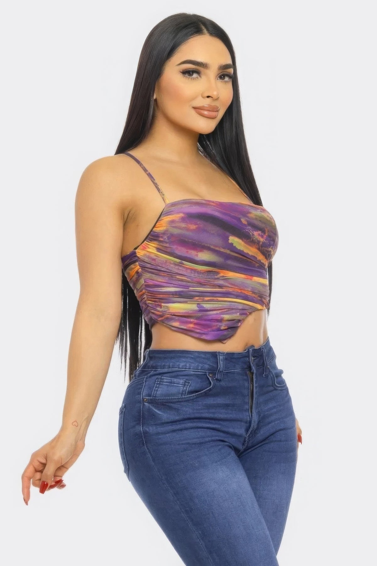 Purple Irregular Hem Mesh Print Crop Top