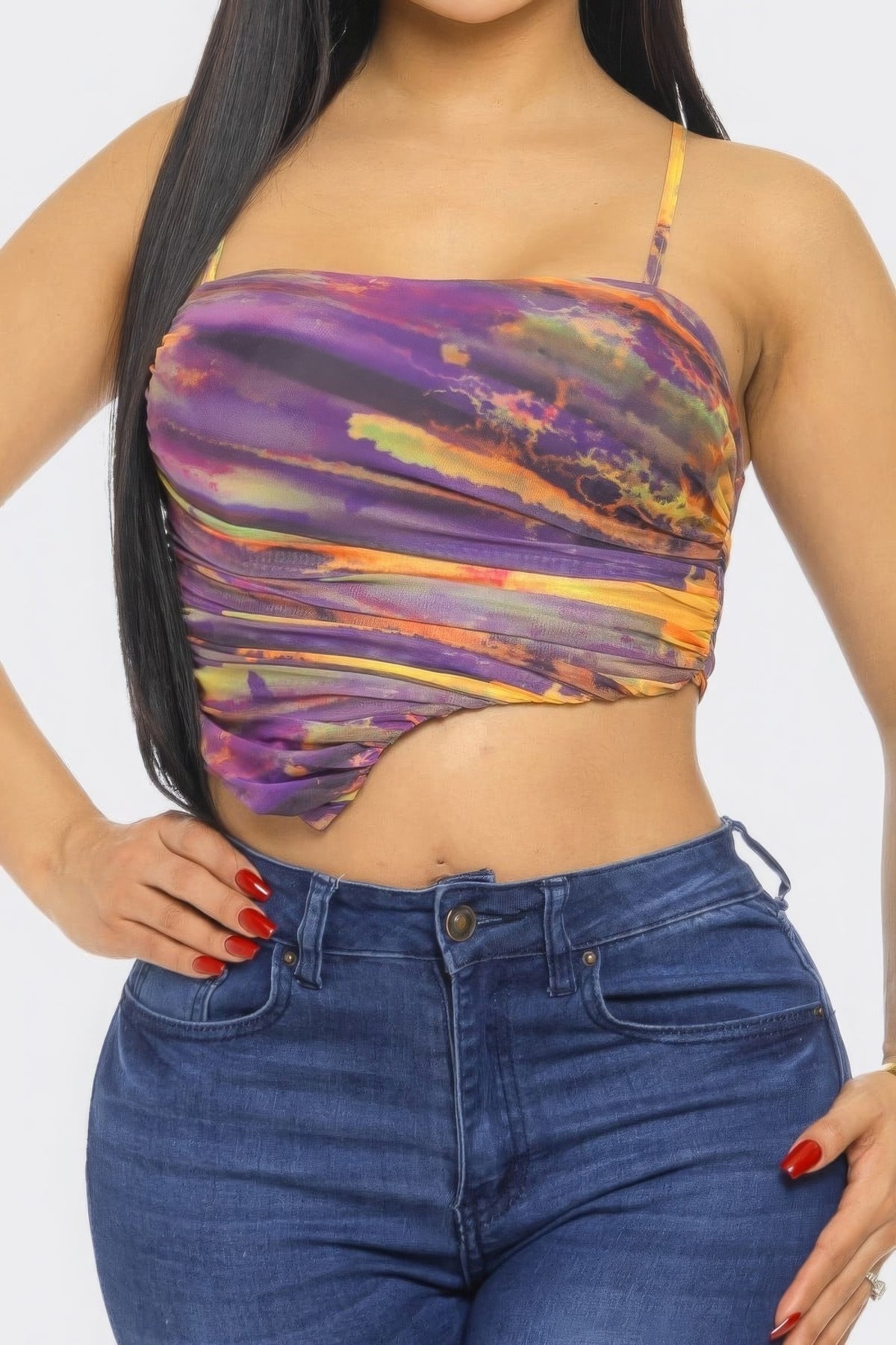 Purple Irregular Hem Mesh Print Crop Top