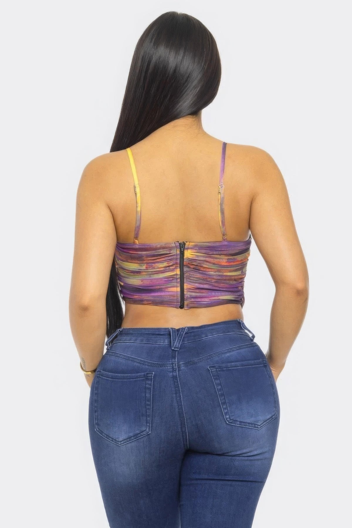 Purple Irregular Hem Mesh Print Crop Top