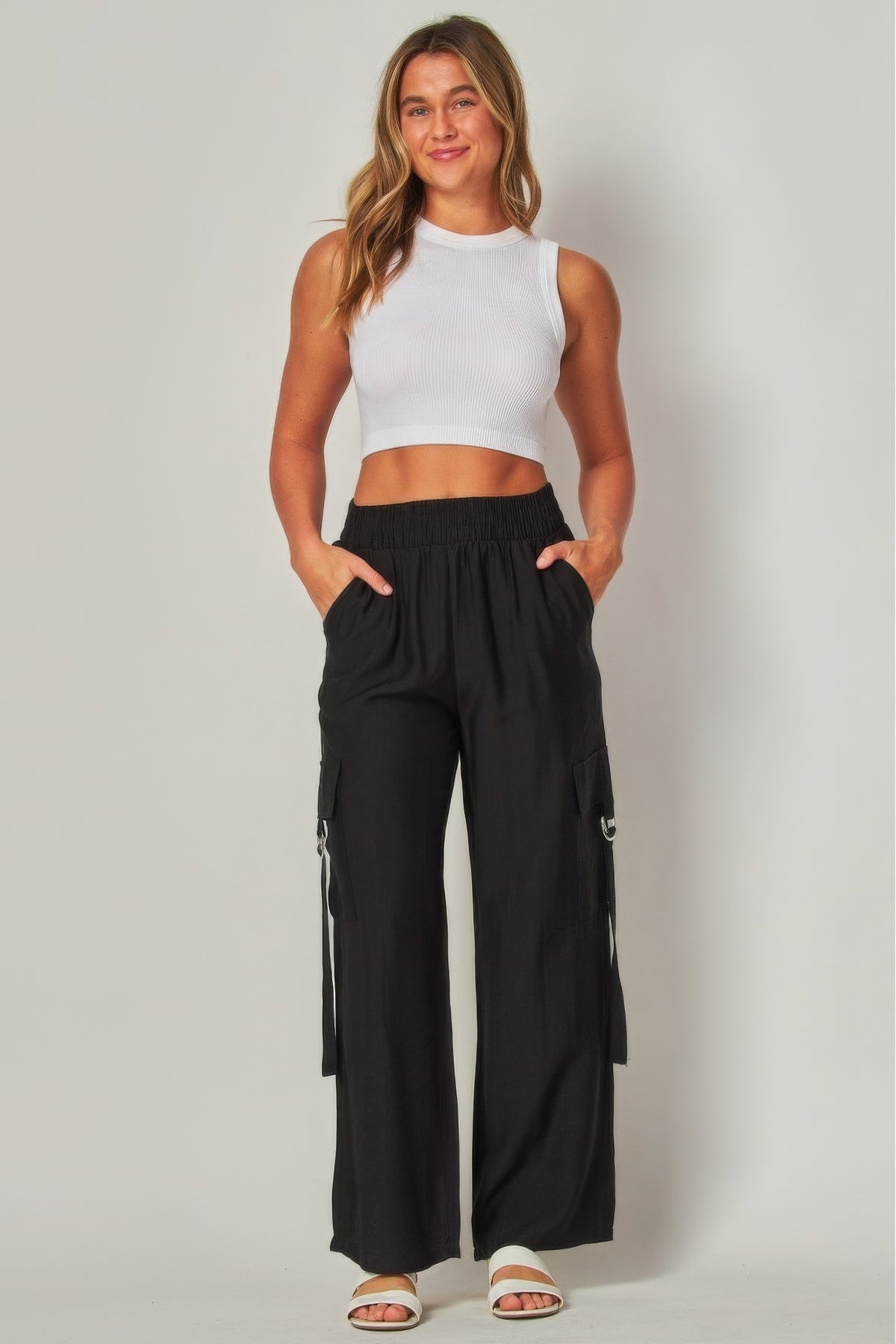 Black Linen Comfy Wide Leg Cargo Pants