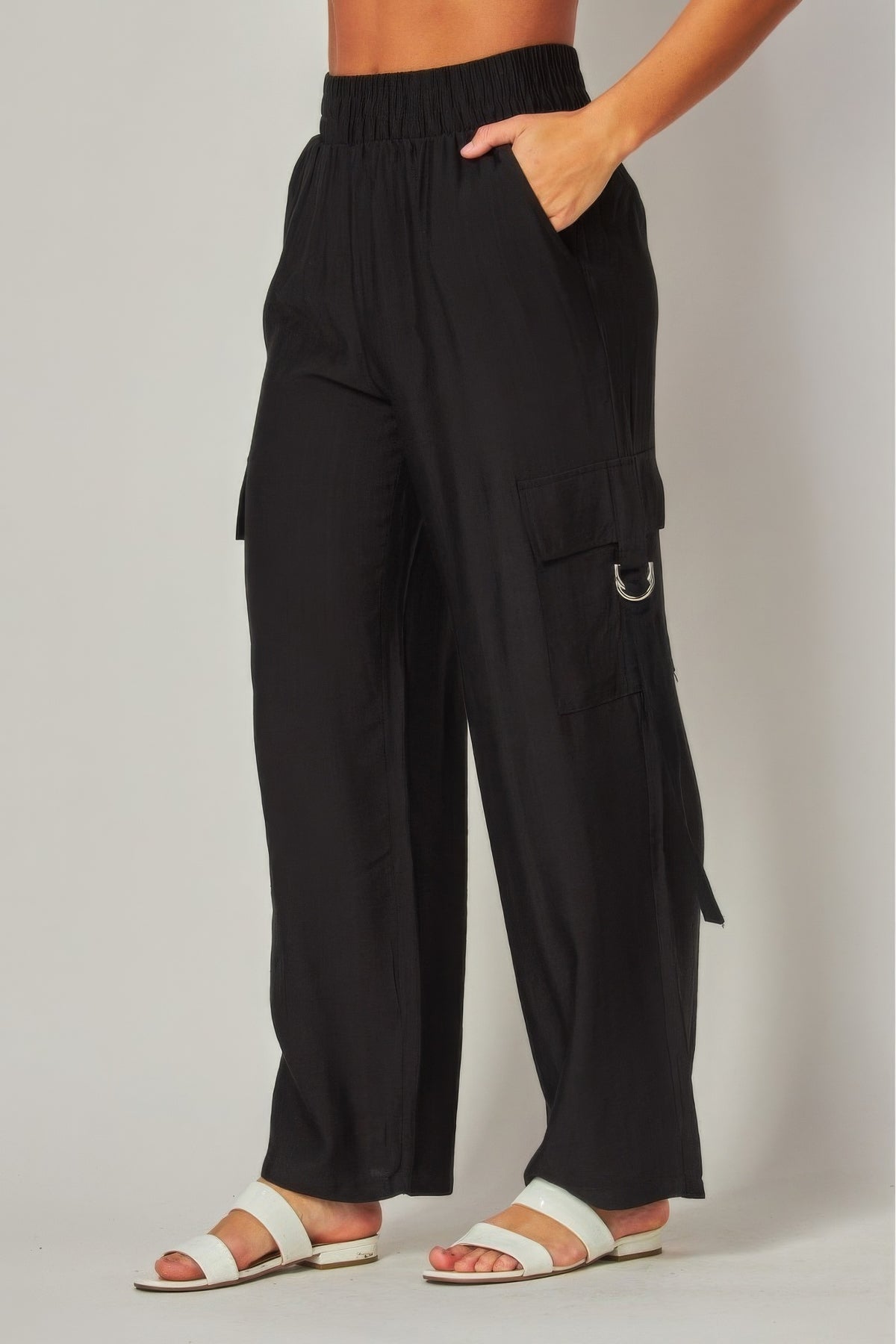 Black Linen Comfy Wide Leg Cargo Pants