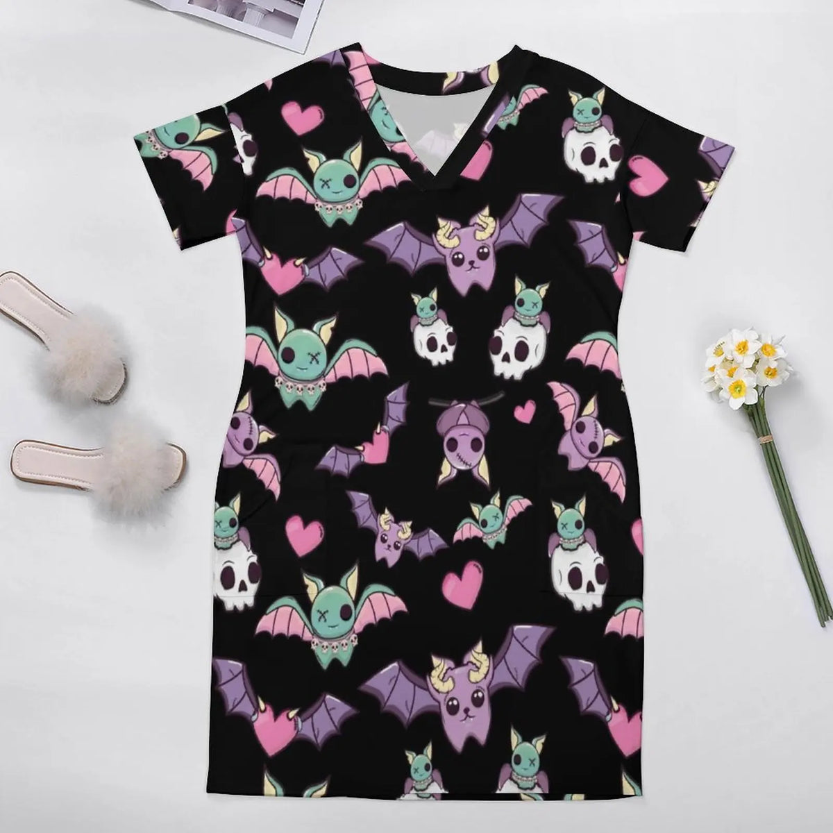 Goth Bat Dress Plus Size Cute Skull Print Korean Fashion Casual Dress Female Spring V Neck Stylish Dresses Gift Idea