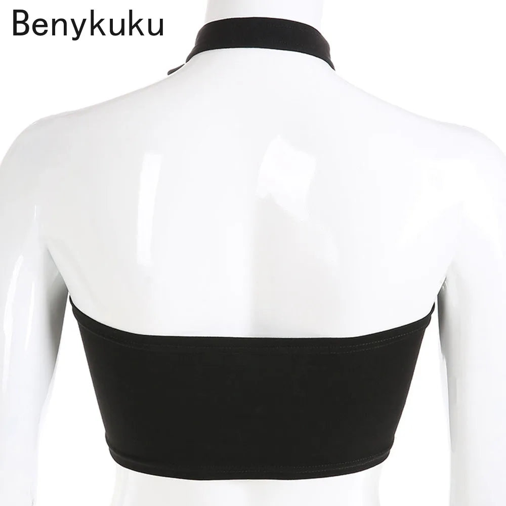 "Summer Mesh Top – Sexy Gothic Hollow Out Women’s Black Crop Top, Trendy Club Streetwear, Backless Buckle Punk Cool Girl Goth Tank Top"