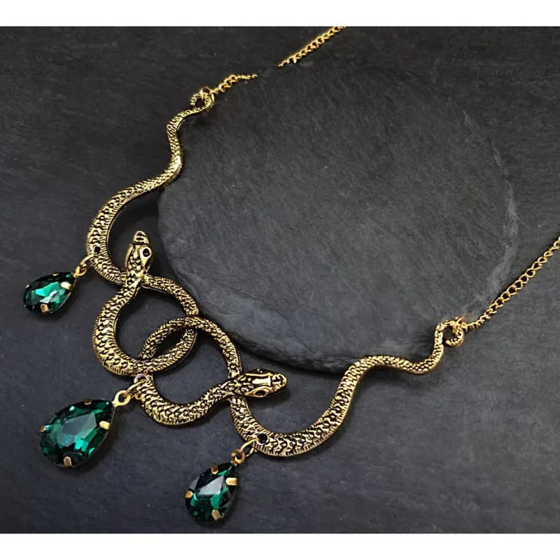 Goth Entwined Snakes Water Drop Crystal Necklace - A statement piece of Gothic Punk Jewelry, perfect for adding a touch of charm to any outfit, whether for parties or as a fashion gift.