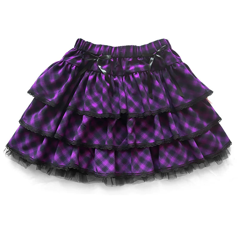 Original Japanese Harajuku Girls Red Purple Plaid Skirts - Gothic Punk Sweet Lolita Cake Mini Skirt, Kawaii Short Ball Gown Skirts