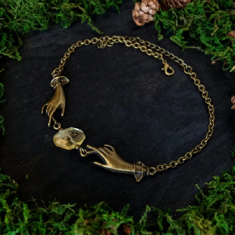 Magical Witchy Chain Choker Necklace – Bronze Hands with Yellow Citrine Stone Pendant, Fashion Statement Jewelry Gift for Women