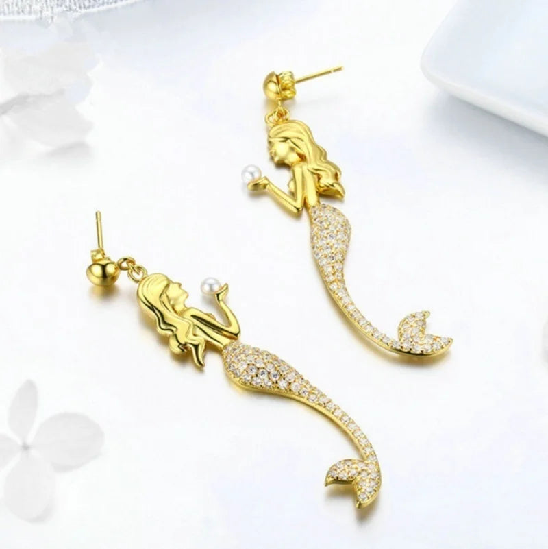 Sweet and Romantic Zircon Mermaid Long Earrings, Exquisite Fashion Jewelry