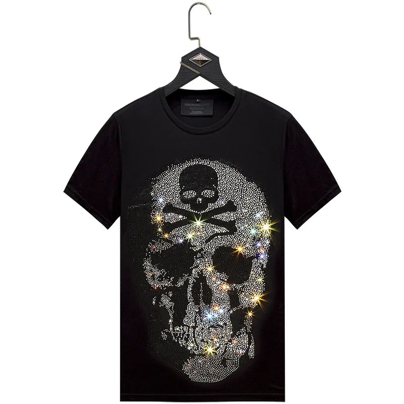 Plus Size Men’s Rhinestone Skull T-Shirt - 2024 Summer Streetwear O-Neck Slim Fit Short Sleeve