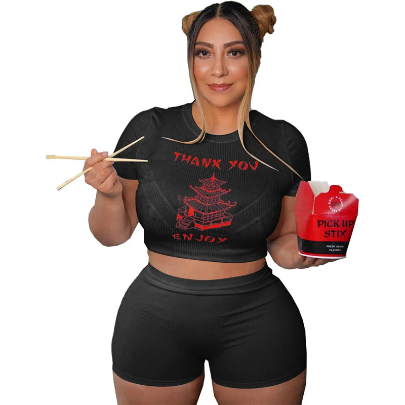 Chinese Takeout Plus Size Women’s Clothing Two Piece Set - O-Neck T-Shirt and Shorts Homewear Outfit