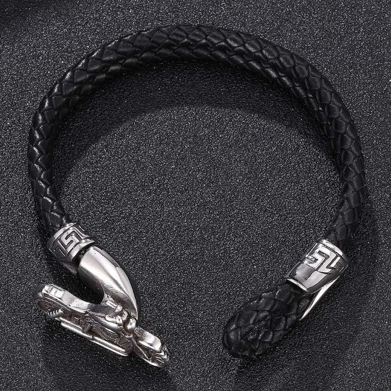 Creative Leather Woven Bracelet with Metal Motorcycle Design – Men's Punk Rock Party Jewelry Gift