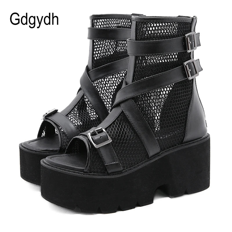 Gdgydh Open Toe Platform Heel Women Boots Summer Shoes 2022 New Black Chunky Heel Boots Women Autumn Breathable High Quality