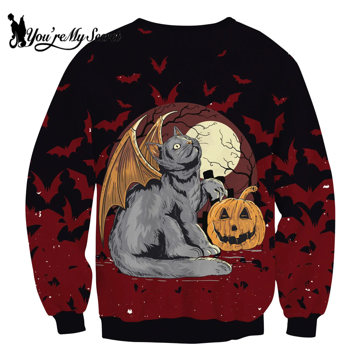 [You're My Secret] Women's Black Sweatshirt Halloween Pullovers Female Jumpers Crew Neck Top Loose Clothes Sportswear Streetwear