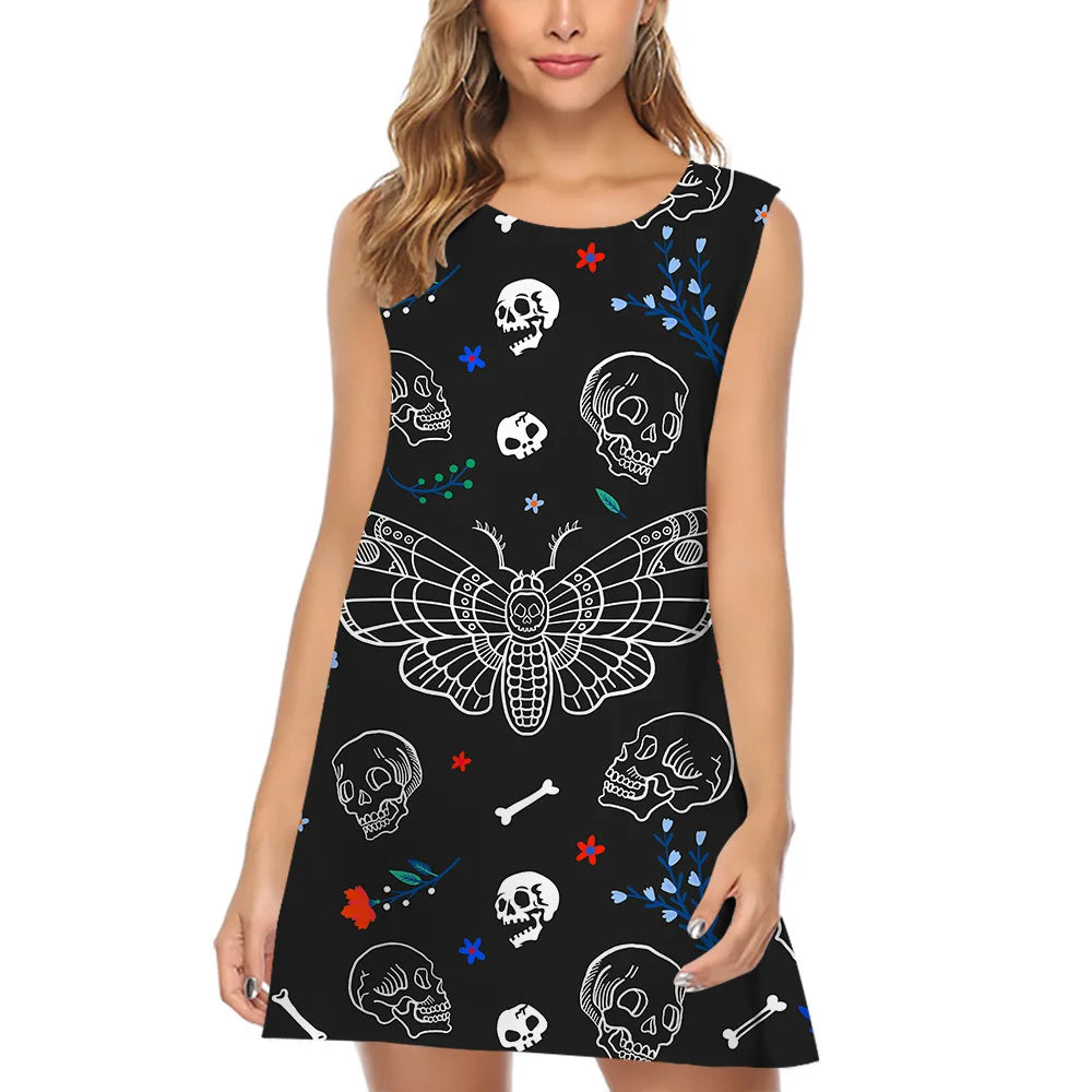 Summer Women's Dress Butterfly Skull 3D Digital Printing Dress Fashion Loose Casual A-Line Vest Dress Lady Beach Sundress