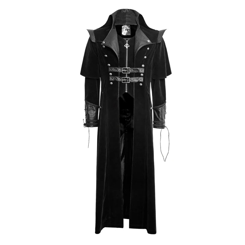 PUNK RAVE Gothic Leather Belts Crimp Shoulder Zip-lined Men Long Trench Coat Black Jacket Overcoats Halloween Christmas Party