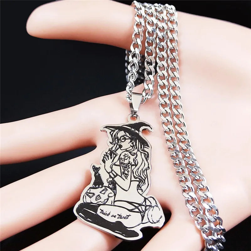 2024 Fashion Satan Tattoo Witch Stainless Steel Chain Necklac Women Black Silver Color Choker Necklace Jewelry collar N4043S03