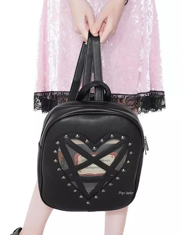 Harajuku Goth Heart-Shaped Backpack for Women - Studded Shoulder School Bag, Punk Hollow Out Leather Travel Bag with Rivets