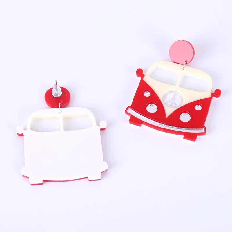 Cute Red Bus Drop Earrings for Women - Acrylic Trendy Jewelry, Interesting Music and Arts Festival Accessories by KUGUYS