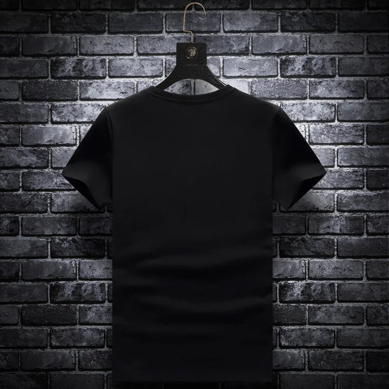 Plus Size 2024 Fashion Men’s Skull Rhinestone T-Shirt - Short Sleeve O-Neck Slim Fit Streetwear