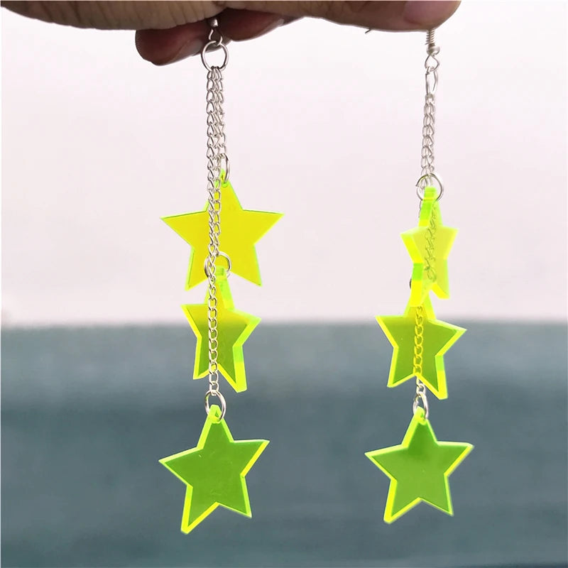 Long Tassel Dangle Earrings 11cm/4.33'' - Drop Star Neon Clear Green Acrylic, Cute Sweet Fashion Jewelry for Women