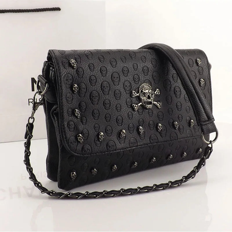 JIEROTYX New Arrival Gothic Skull Handbag - Black Rivet Chain Messenger Crossbody Shoulder Bag for Women